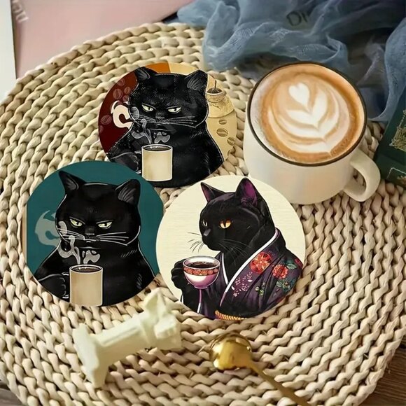 6pc Coffee Black Cat Design Wooden Coasters - Picture 1 of 4